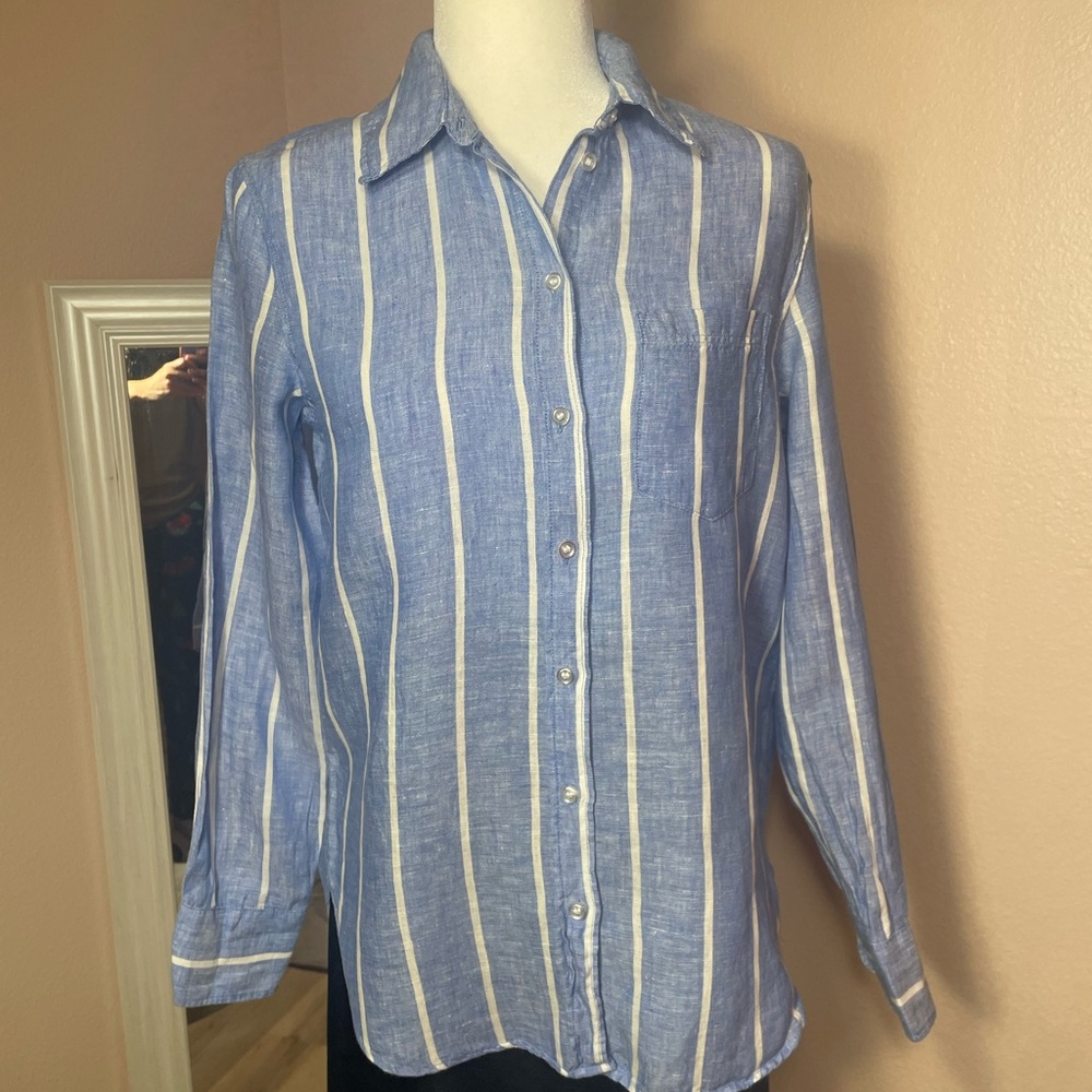 H&M 100% Linen Blue White Stripe Button Down Shirt Lightweight XS - Picture 1 of 8